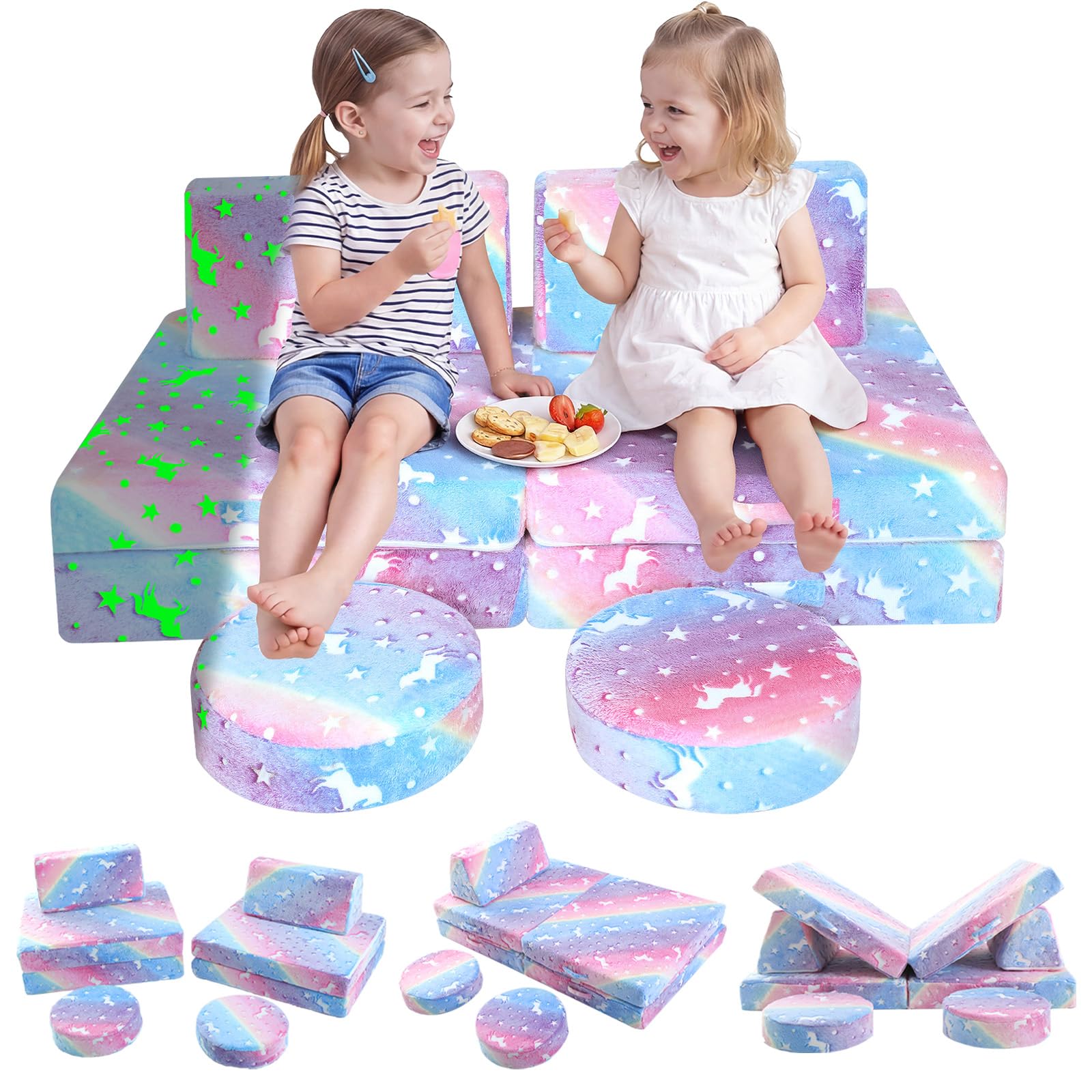 MeMoreCool Kids Play Sofa Bed, Glow Sofa Modular Toddler Armchair Couch Chair for Bedroom Playroom, 8-Piece Fold Out Couch Play Set, Creative Baby Couch Children Convertible Sofa, Rainbow — image 1