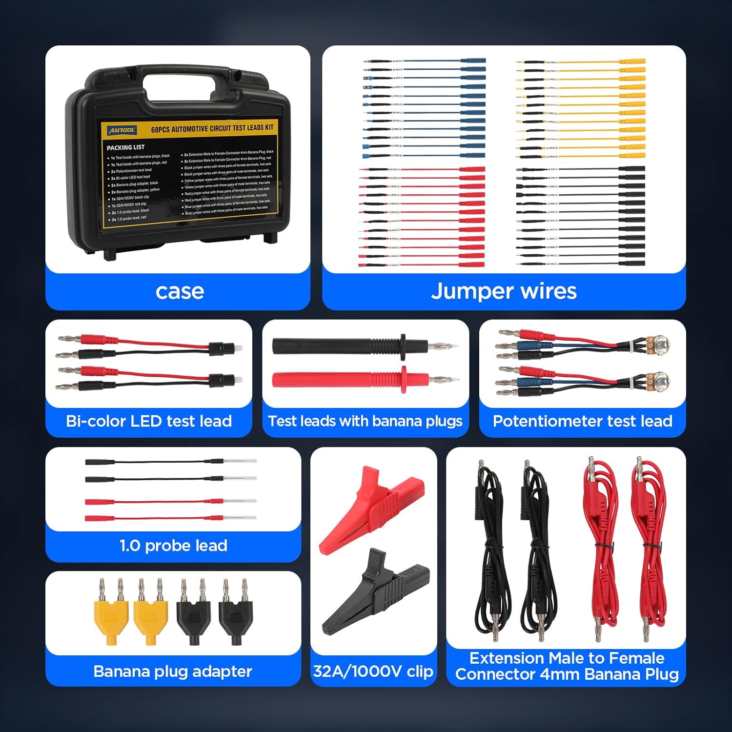 Test leads with banana plugs and other kit components