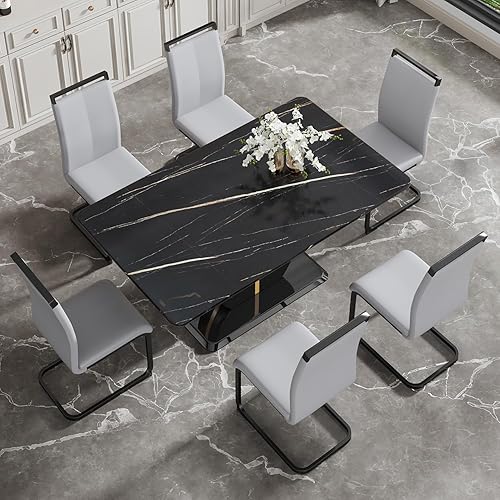 Miniatura 3 de JUFU Juego de mesa de comedor moderna para 6 personas, mesa de cocina rectangular con mesa de mármol sintético y 6 sillas tapizadas de piel