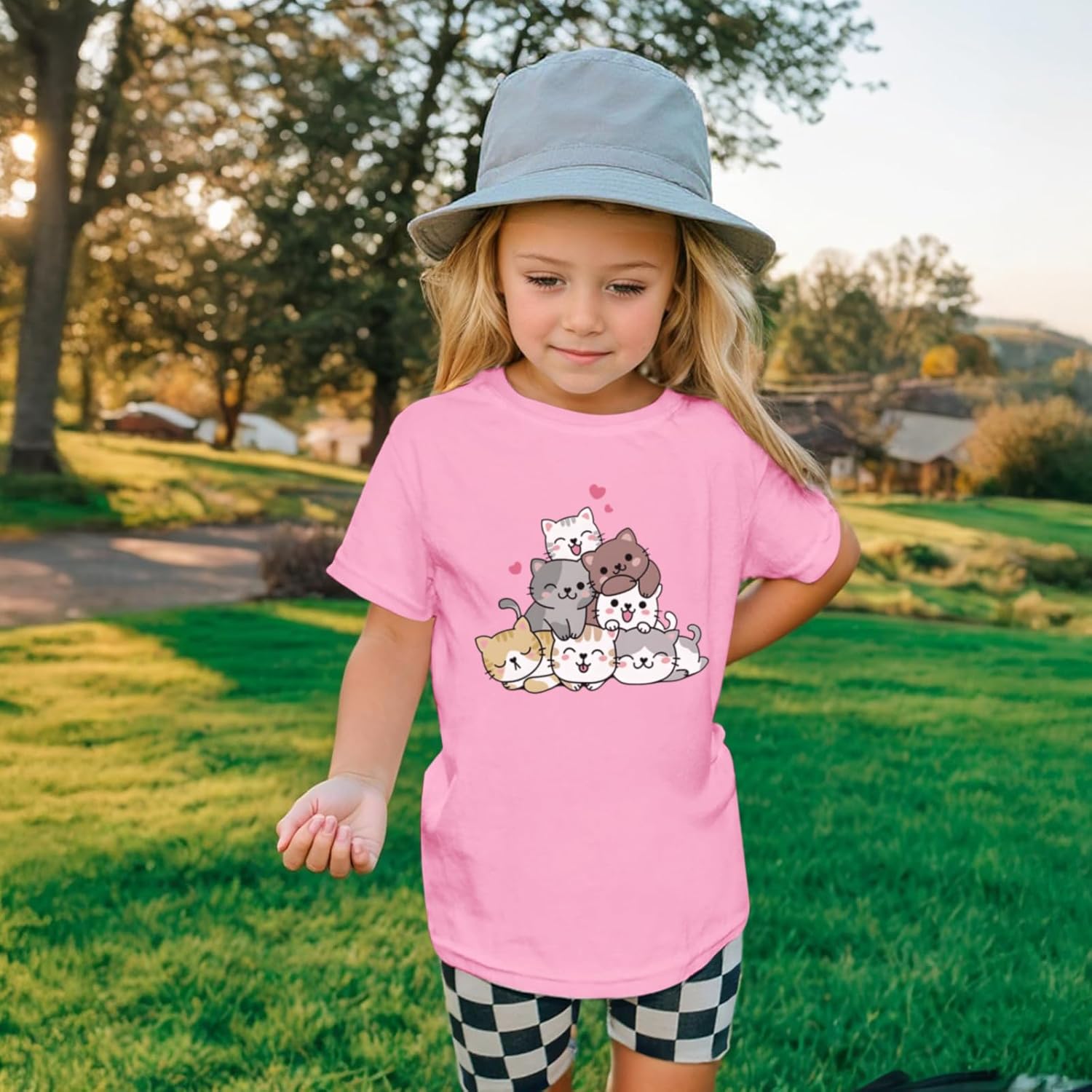 KEEVICI Cute Cartoon Cat Shirts for Girls Kids Graphic Tees Kawaii Animal Pattern T Shirt Cotton Crewneck Summer Loose Tops - Image 5