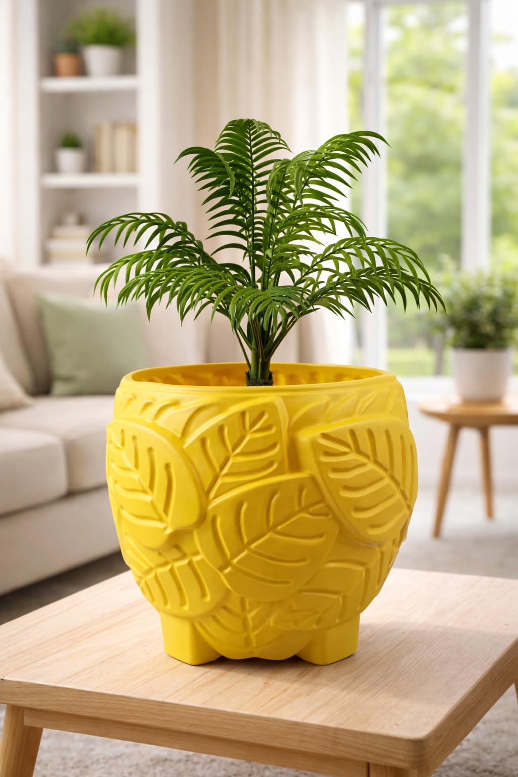 Green Heaven 8 Inch Leaf Design Plastic Planter Pot for Indoor & Outdoor Plants | Decorative Flower Pot with Embossed Leaf Pattern | UV Resistant, Lightweight & Durable Garden Pot (Yellow, Pack of 1)-image-27