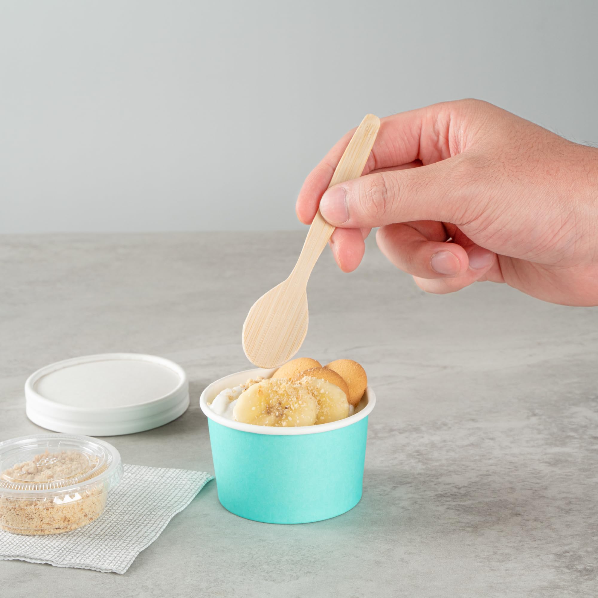 Coppetta - Vasos de postre de 3 onzas, 200 vasos desechables para helado, las tapas se venden por separado, resistentes, cuencos de papel turquesa FroYo, a rayas, para alimentos fríos y calientes,