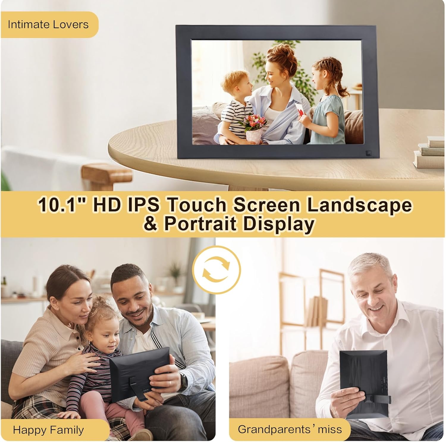 The 10.1-inch HD IPS Touch Screen displaying photos in both landscape and portrait orientations, highlighting auto-rotate functionality.