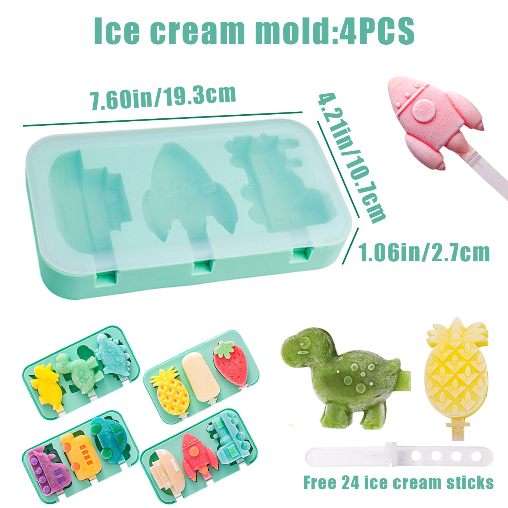 4 moldes de silicona para paletas de bebé, 3 cavidades, sin BPA, molde para helado, lindo dinosaurio, frutas, forma de coche, molde para hielo con tapa y 24 palos