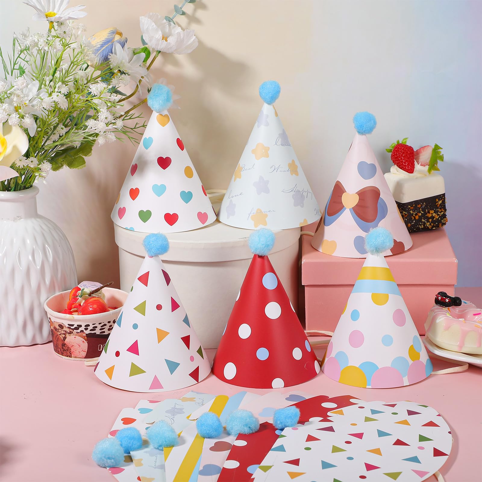 12 cappelli da festa per animali di peluche, 6 stili per gatti e cani, cappelli da festa con pompon, cappello a cono di carta, copricapo per celebrazioni per gattini, conigli, piccoli animali
