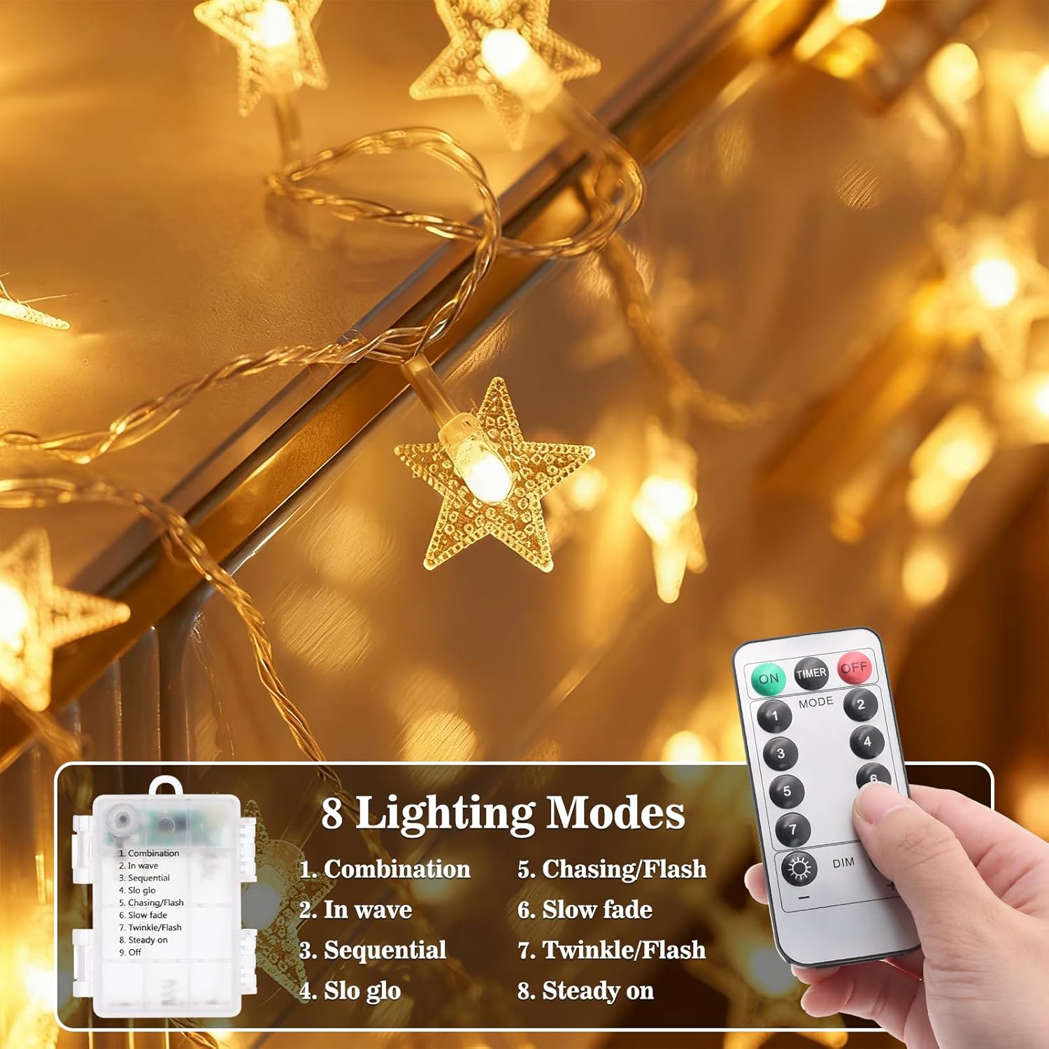 Star String Lights, 33ft 100 LED 8 Modes Star Fairy Lights Battery Operated Waterproof Indoor Outdoor for Bedroom Patio Party Wedding Tent Loft Bed Xmas Tree Decor, Warm White
