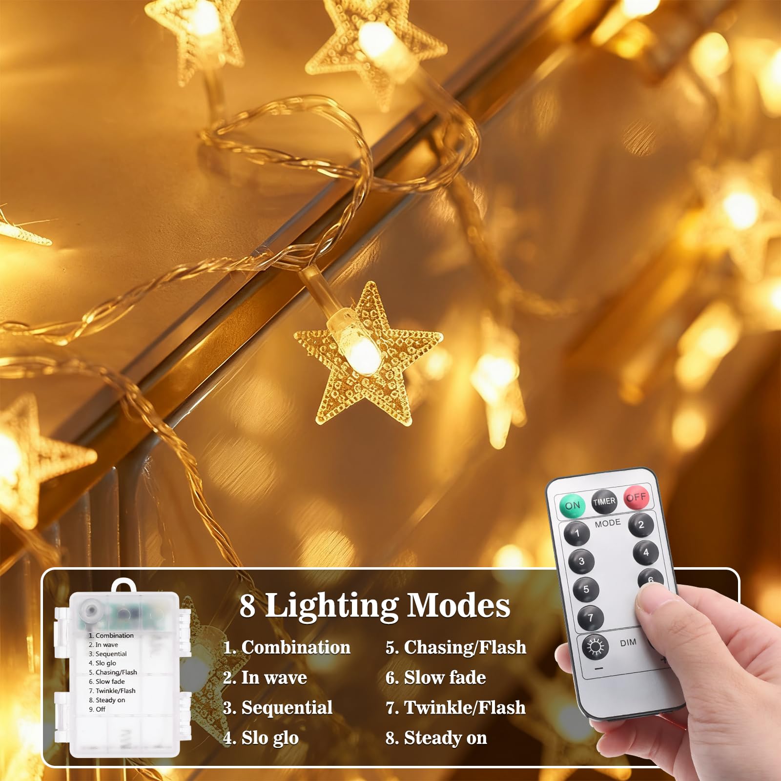 Łańcuch świetlny w kształcie gwiazd, 100 diod LED, 8 trybów, łańcuch świetlny z gwiazdami, zasilanie bateryjne, wodoodporne, do wewnątrz, na zewnątrz, do sypialni, na patio, imprezę, wesele, namiot
