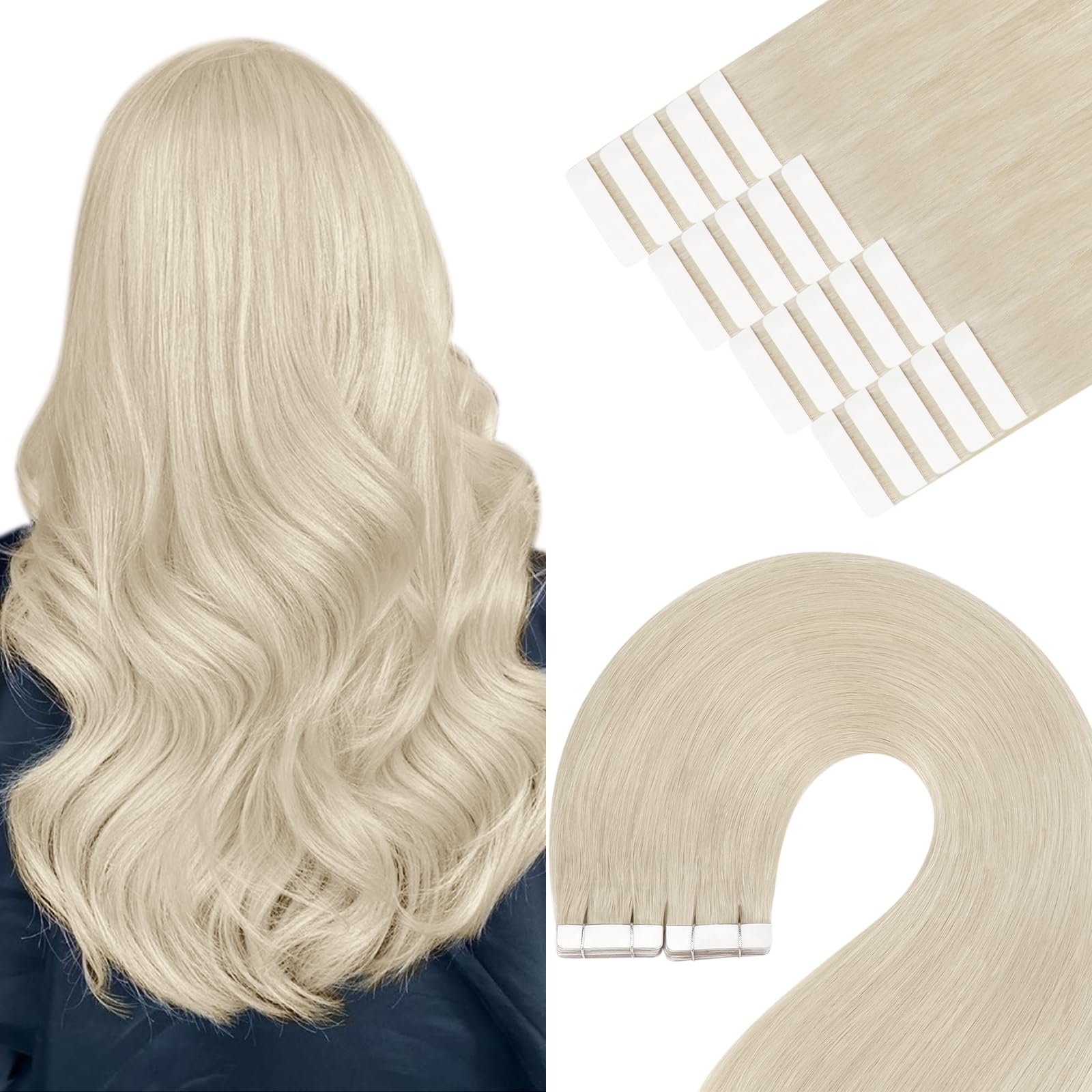 YoungSee Tape Extensions Echthaar Platinblond Echthaar Extensions Tape Blond Echt Haar Tape-in Extension Kurz Tapes Haarverlängerung Tapes Echthaar-Extensions für Damen 30 cm 30g 60A
