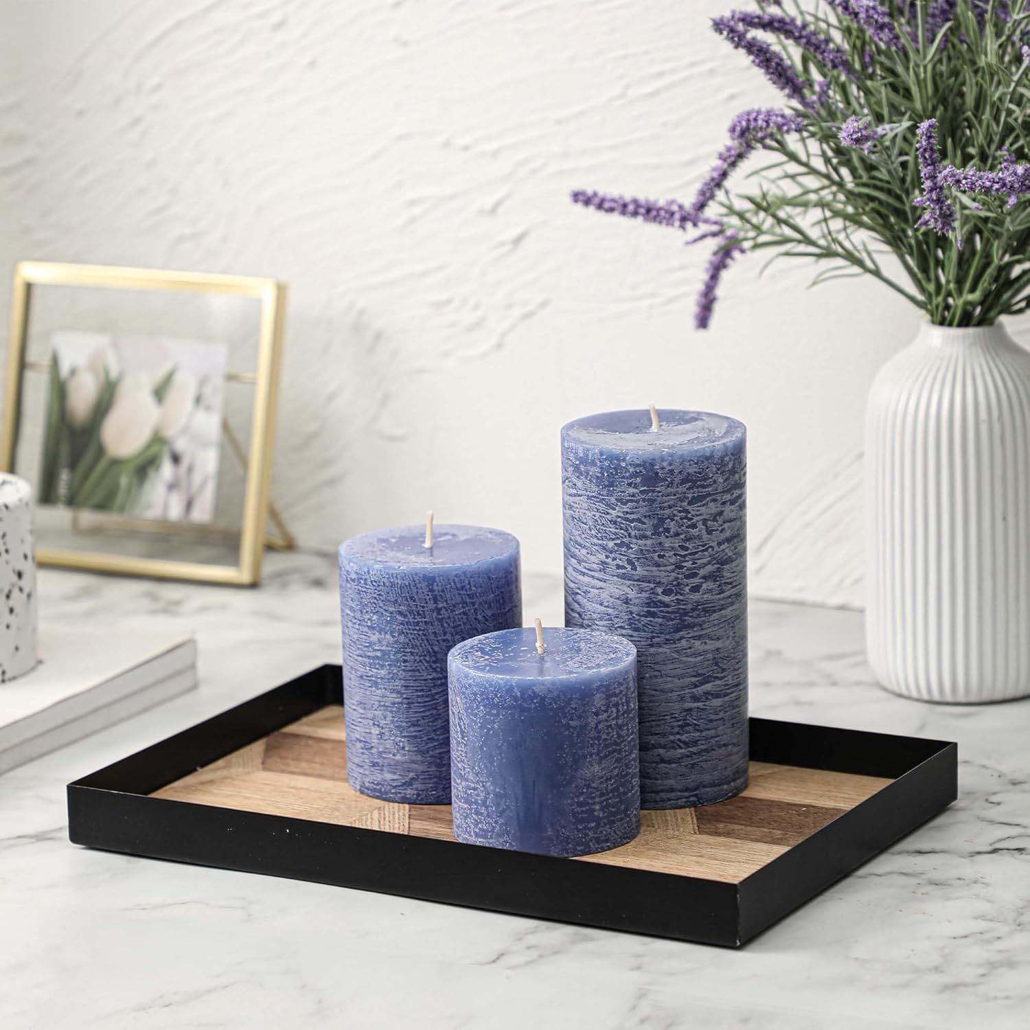 3x4 Inch Blue Pillar Candles Set of 3 - Hand-Poured Unscented Candles, Long Clean Burning, Large Big Candle, Smokeless Dripless Candle for Dinner Table, Wedding, Home, Bathroom, Rustic Decor