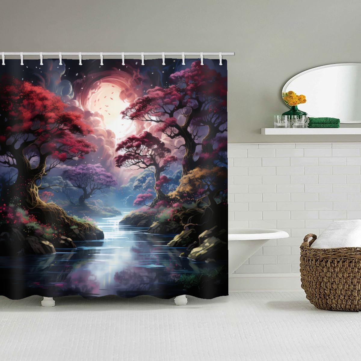 LYFANS Shower Curtains, with Forest and River Themed Bright Colors, Brings A Unique Artistic Atmosphere to The Bathroom. The 72x72 Inch Fabric Shower Curtain Comes with 12 Hooks.