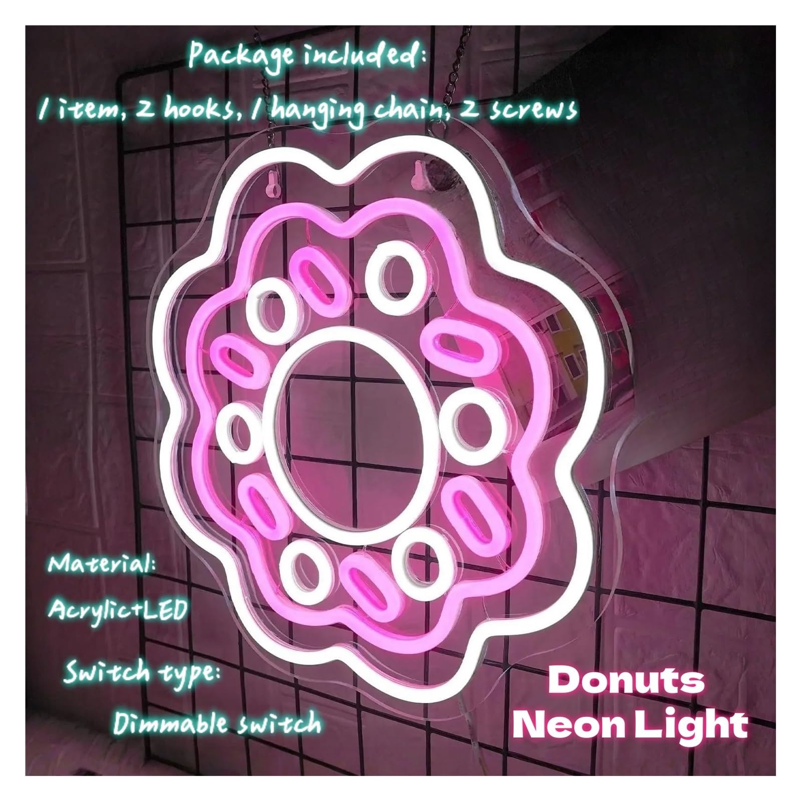 Luces de neón Letreros De Luz Neón Sweet Donuts Alimentados Por USB, Para Tienda, Decoración Colgante Fiesta Cumpleaños 33cm×33cm