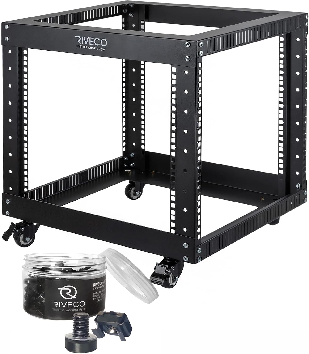RIVECO 19" 9U Open Frame Server Rack with Casters + 50 Sets M6 Screws for Mounting Network Equipment