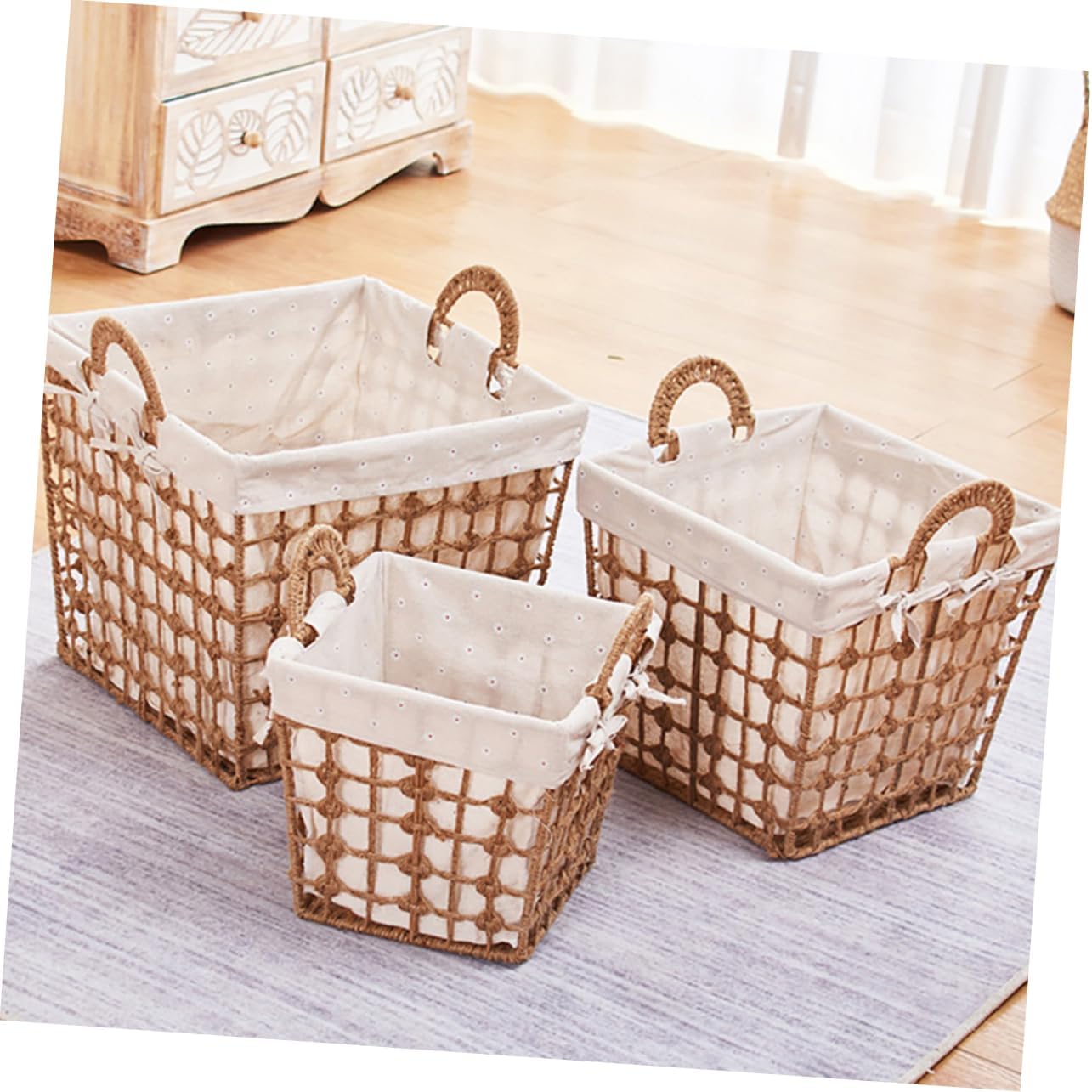 ABOOFAN Woven Hemp Rope Laundry Basket with Handle Portable Dirty Clothes Storage Container for Bathroom Bedroom Dorm and Closet Small Square Practical Organizer