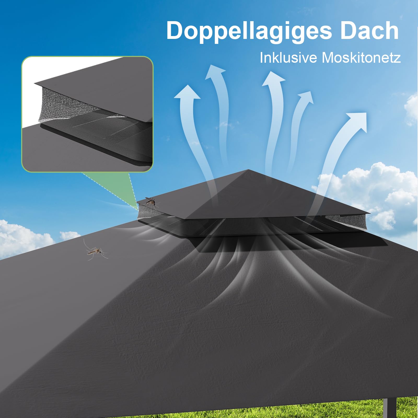 JUMMICO Pavillon 3 x 3 m Grillpavillon, mit 1.8m Verstellbarer Markise, Erweiterbar auf 3 x 4,8 m, für 6-10 Personen zum Entspannen, Grillen und Feiern, mit vierseitigem Stoffbesatz, Dunkelgrau