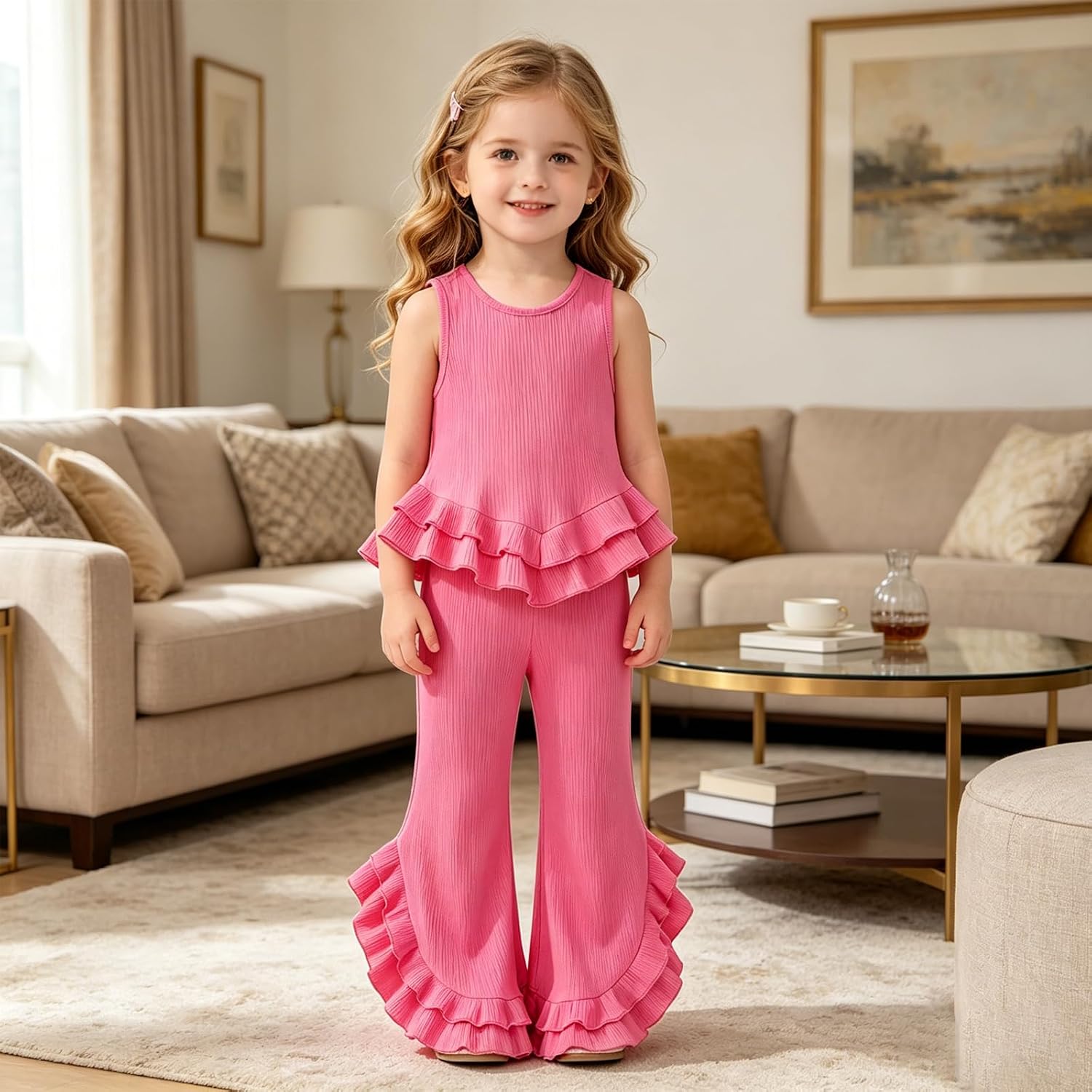 Girls 2 Piece Sleeveless Top and Long Pants Set | Frilly Side-Slit Flared Long Pants, Casual