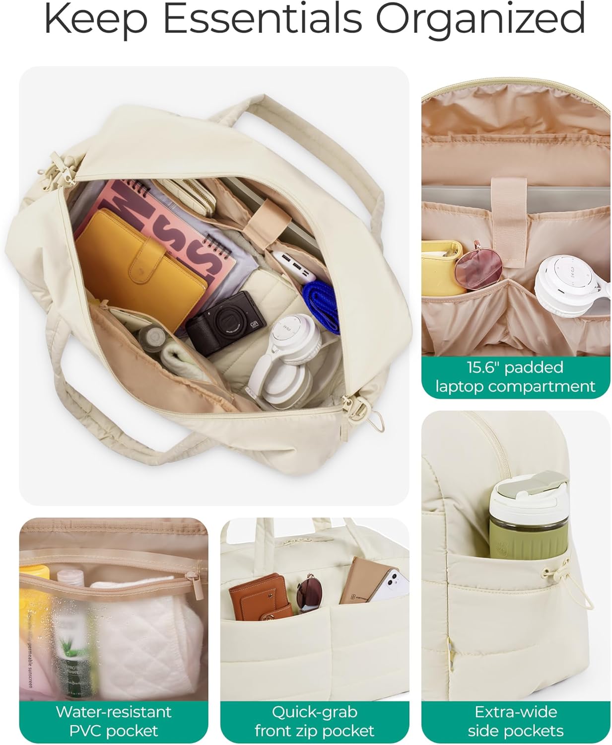 BAGSMART Gym Bag for Women, Lightweight Puffer Duffle Bag 2-PC Travel Bag, 31L Weekender Overnight Bag Quilted Carry On Tote Bag, Diaper Hospital Dance bag for Travel, Gym, Water Resistant, Beige - Image 4