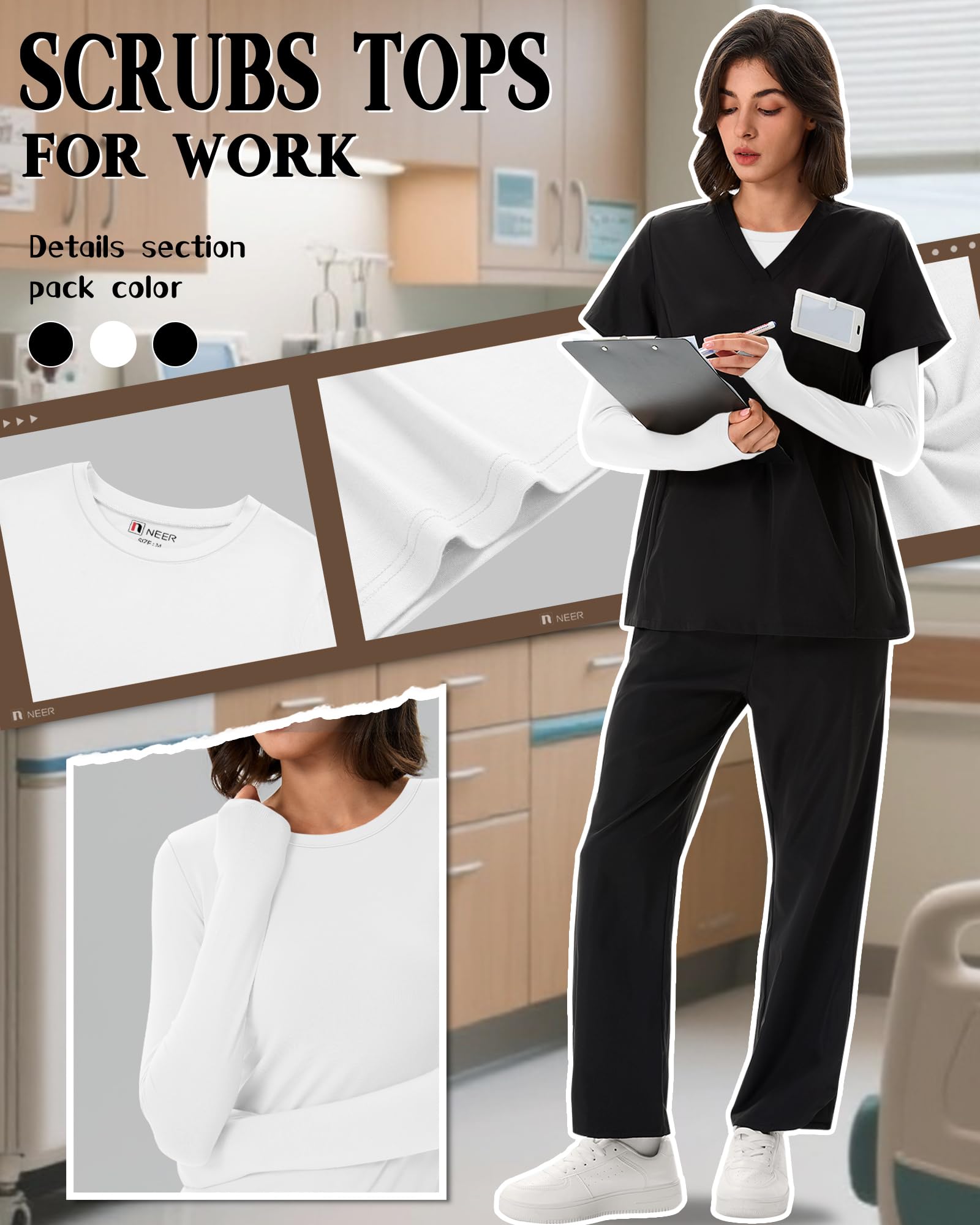 Neer Confezione 3 Camicie da Lavoro Donna Maniche Lunghe Girocollo Aderenti a Strati per Infermiere