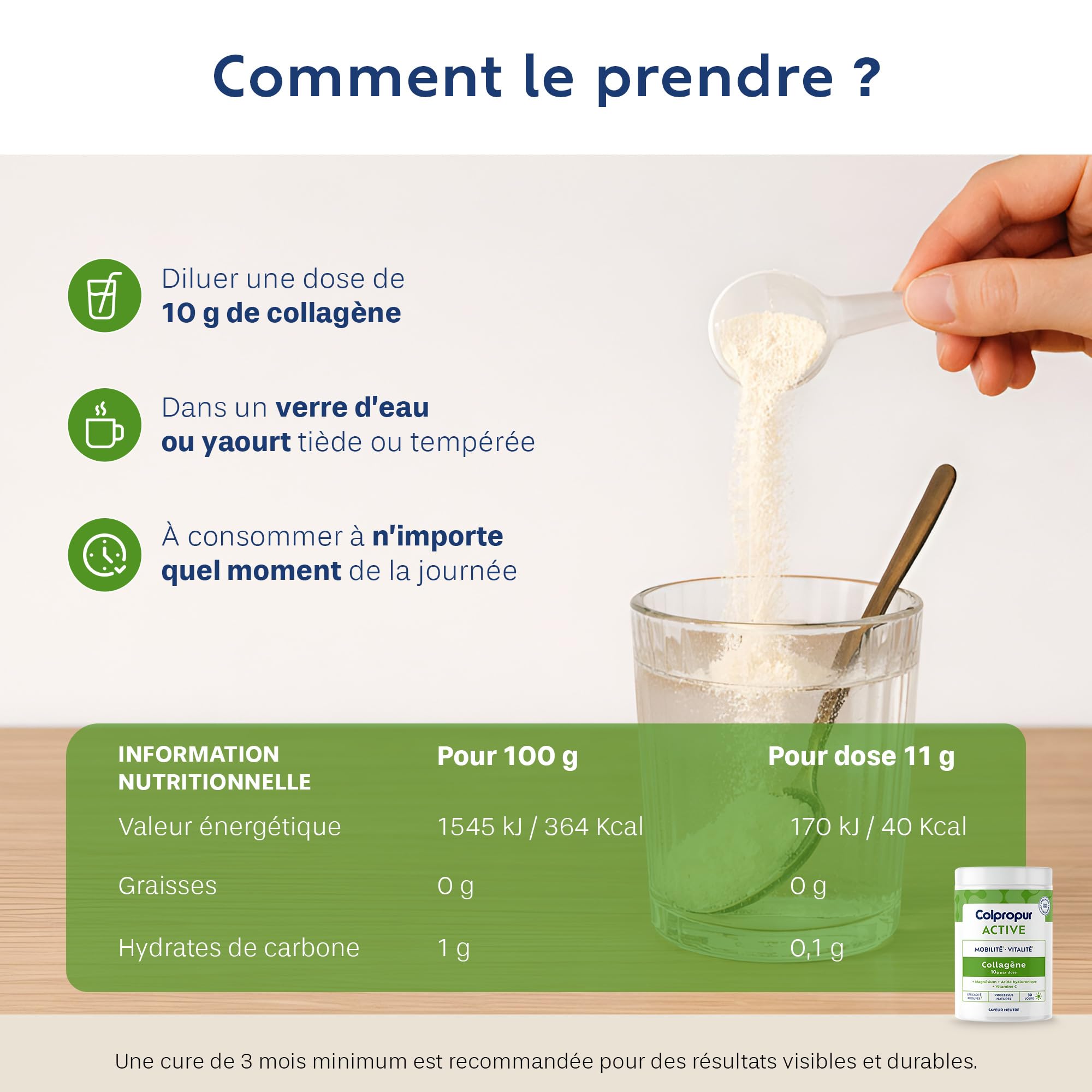 Collagène Poudre + Acide Hyaluronique - Récupération Active - Articulations | Colpropur Active, saveur neutre, 30 doses 10 g, collagène type I et II, magnésium, vitamine C, acide hyaluronique, sans sucre