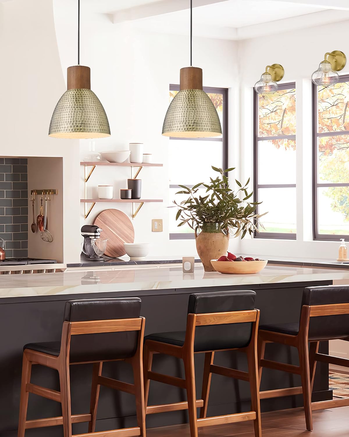 ELYONA Vintage Pendant Light Fixtures, 10.2" Industrial Hammered Metal Hanging Bar Lamp , Rubber Wood, Antique Gold Adjustable Pendant Lights for Kitchen Island, Farmhouse, Dining Room, Brushed Brass - - 