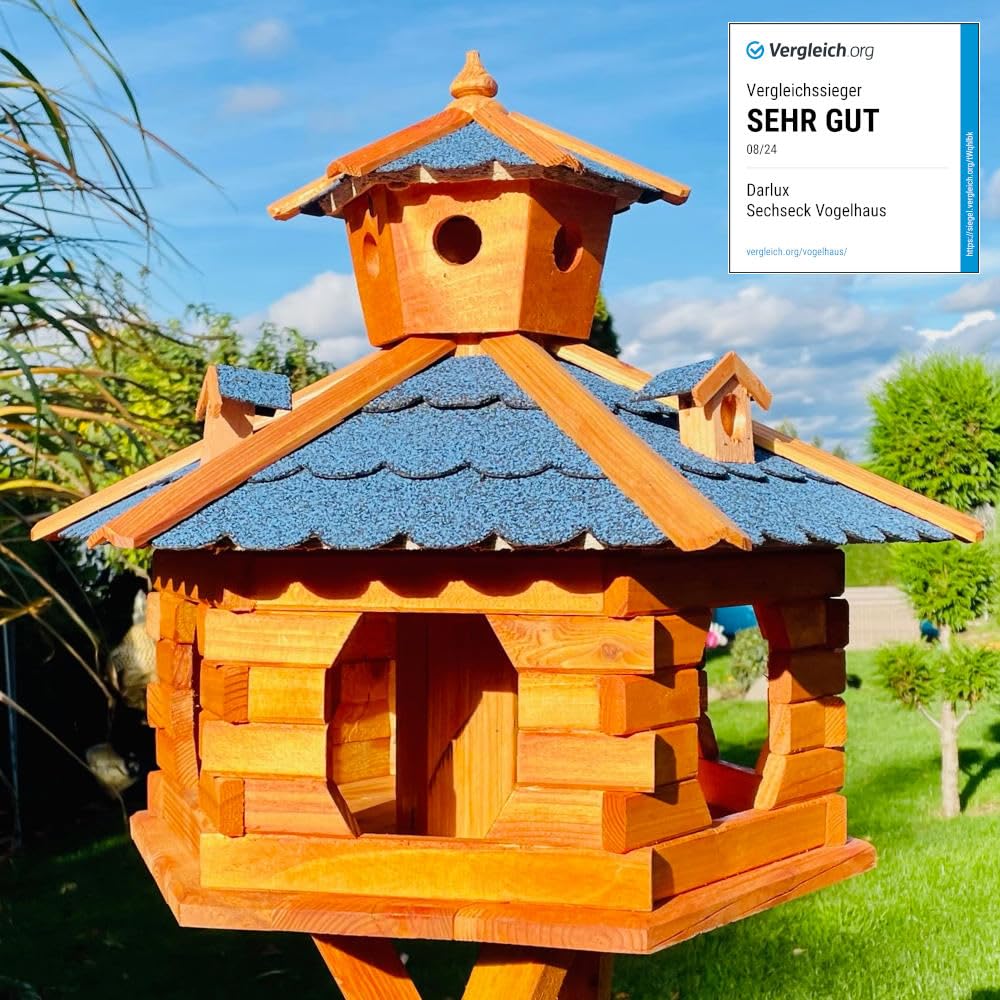 DARLUX Mangeoire à Oiseaux Hexagonale En Bois - Résistante Aux Intempéries Avec Toit Bitume