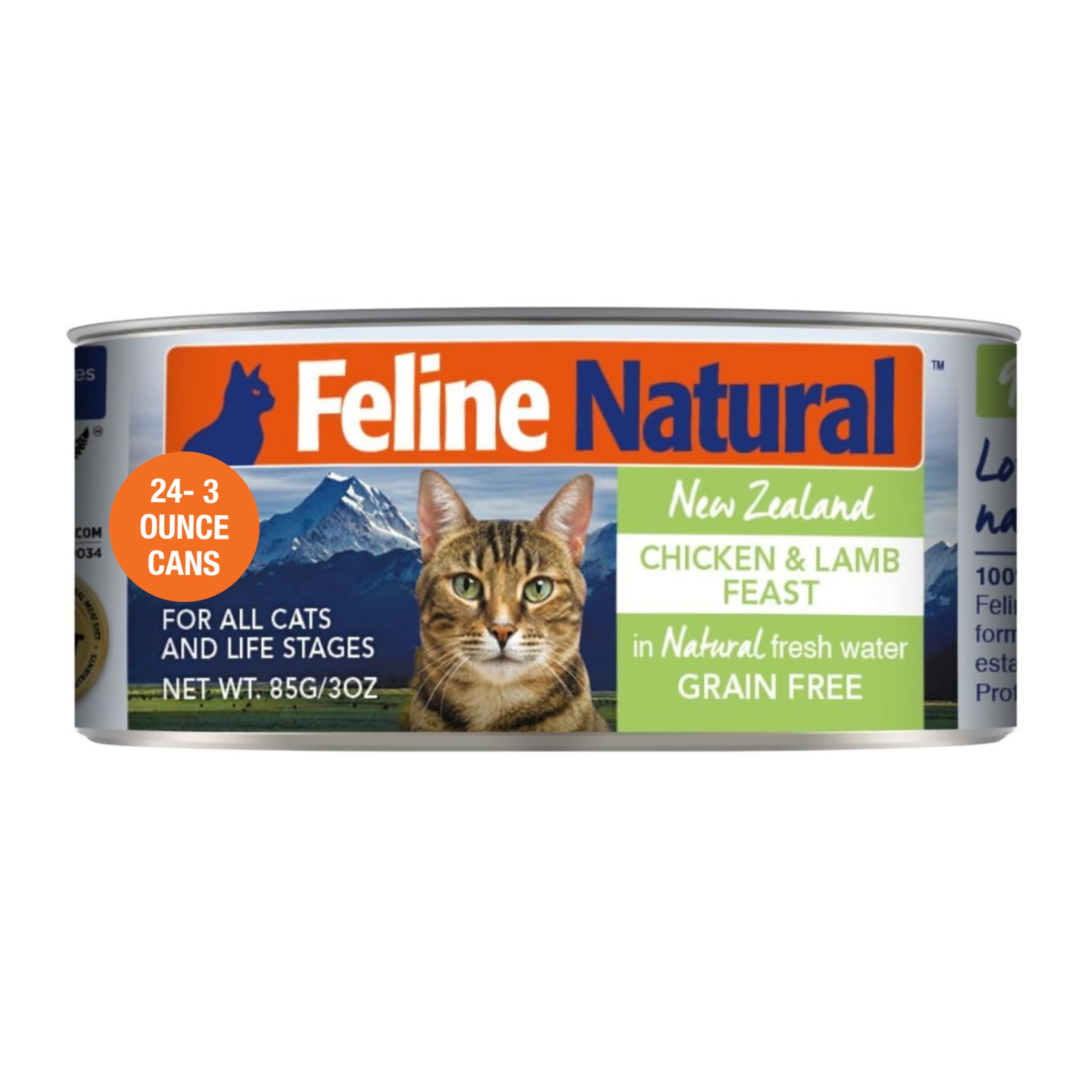Feline Natural New Zealand Canned Catfood Wet Food, High-Meat, Low-Carb, & Grain Free Cat Food Wet, Chicken & Lamb Feast, 3 oz, Pack of 24