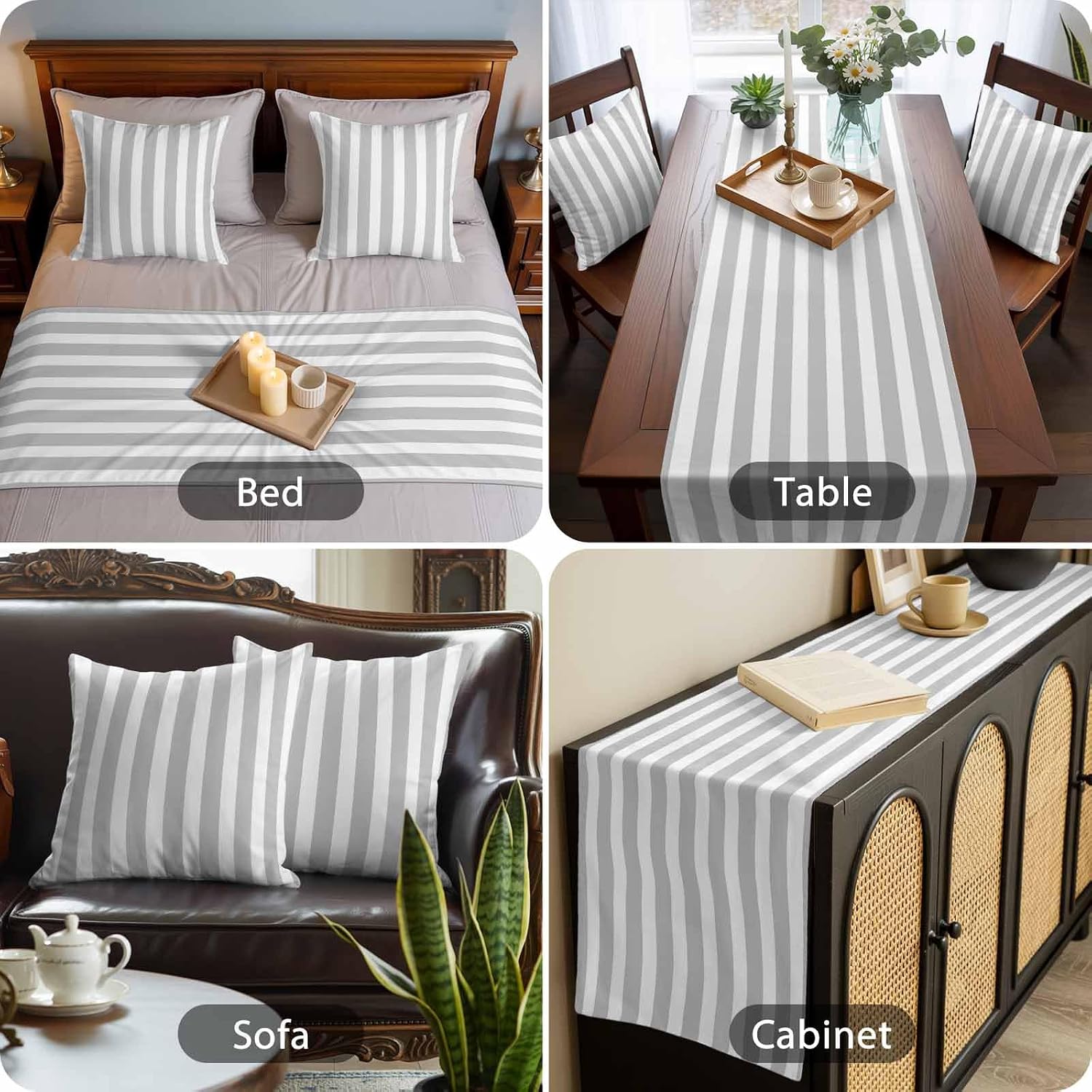 DecorLovee Grey Striped Bed Runners for King Size Bed with 2 Matching Pillow Covers, Modern Farmhouse Gray White Stripes Decorative Sofa Throw Bedding Scarf Protector Slipcover for Bedroom