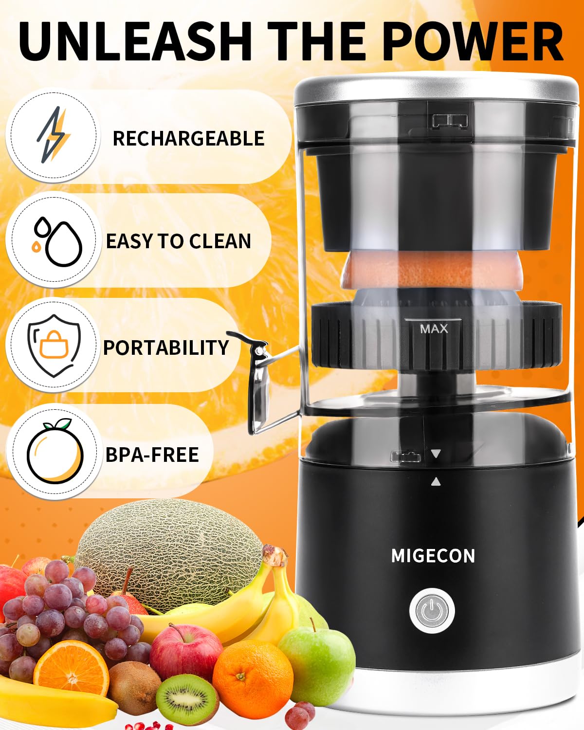 MIGECON Elektrische Zitruspresse, Tragbares Entsafter, Ladegerät Orangenpresse, mit USB und Reinigungsbürste, Anti-Tropf-Auslauf, Einfache Reinigung, Geeignet für Citrusfrüchte, 45 Watt, Schwarz