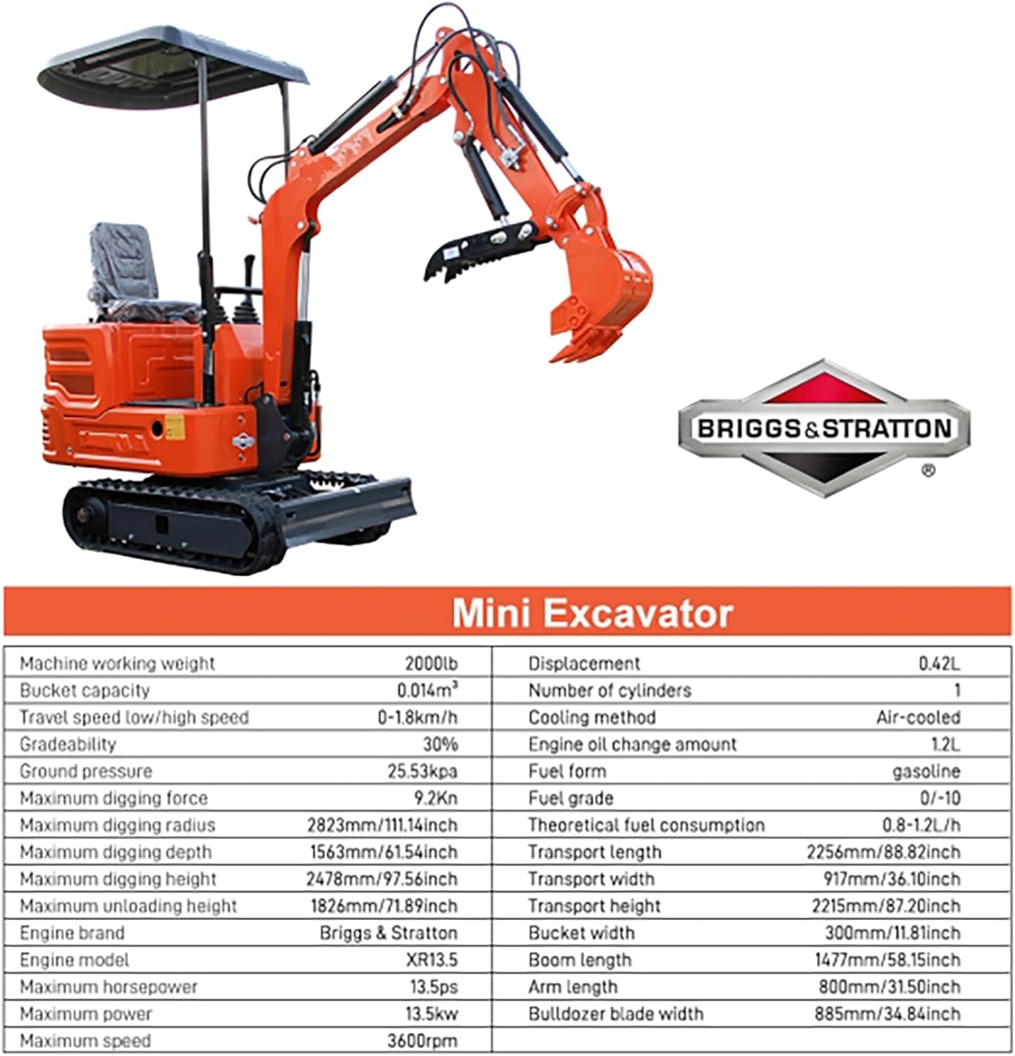 Domestic Gasoline Mini Excavator for Fathers Day, 1.2 Tons Crawler Digger with 13.5 HP B&S Engine, Hydraulic Thumb Clamp and Buckets, Work for Farm,Garden,Park,Construction Landscaping (Orange1) Domestic Gasoline Mini Excavator for Fathers Day, 1.2 Tons Crawler Digger with 13.5 HP B&S Engine, Hydraulic Thumb Clamp and Buckets, Work for Farm,Garden,Park,Construction Landscaping (Orange1)
