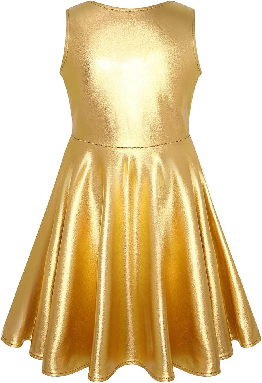 Girls Metallic Dresses Sparkly Shiny Party Twirl Dress Sleeveless Outfits
