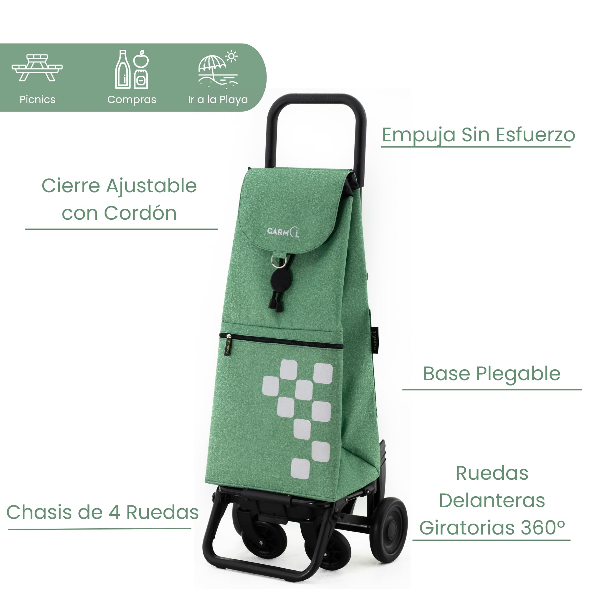 GARMOL Carro de la Compra Plegable 55L Carro de Compra 4 Ruedas Gran Capacidad Plegable con 2 Fijas y 2 Giratorias | Carrito Color Verde