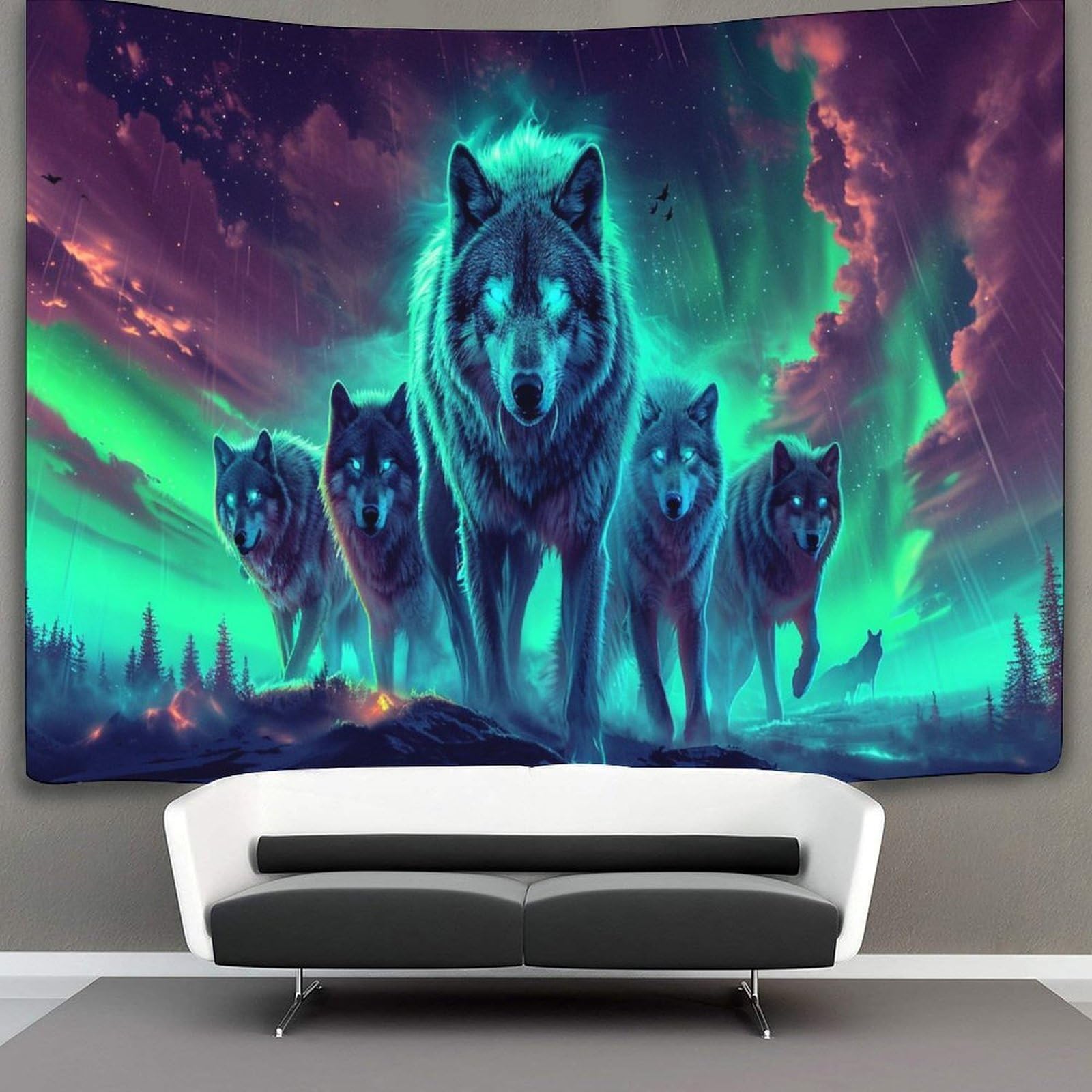kaiyun Wolves, Northern Lights Sky Tapestry, Wall Art Aesthetic Home Decoration for Living Room Dorm 130cmx150cm