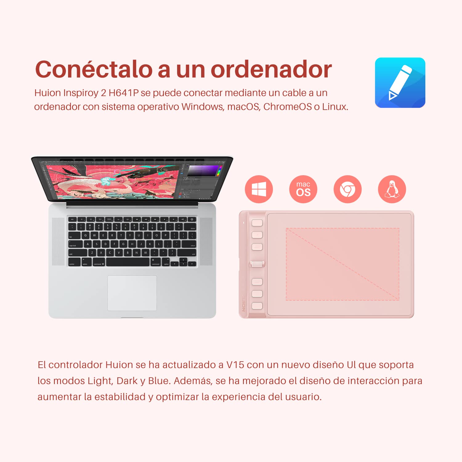 HUION Inspiroy 2 S Tableta Gráfica, 6 Teclas de Presión y Scroller, Nuevo Bolígrafo Digital PW110, Tableta de Dibujo Portátil de 6,3 x 3,9 Pulgadas para Dibujar, Estudiar y Trabajar Desde Casa, Rosa