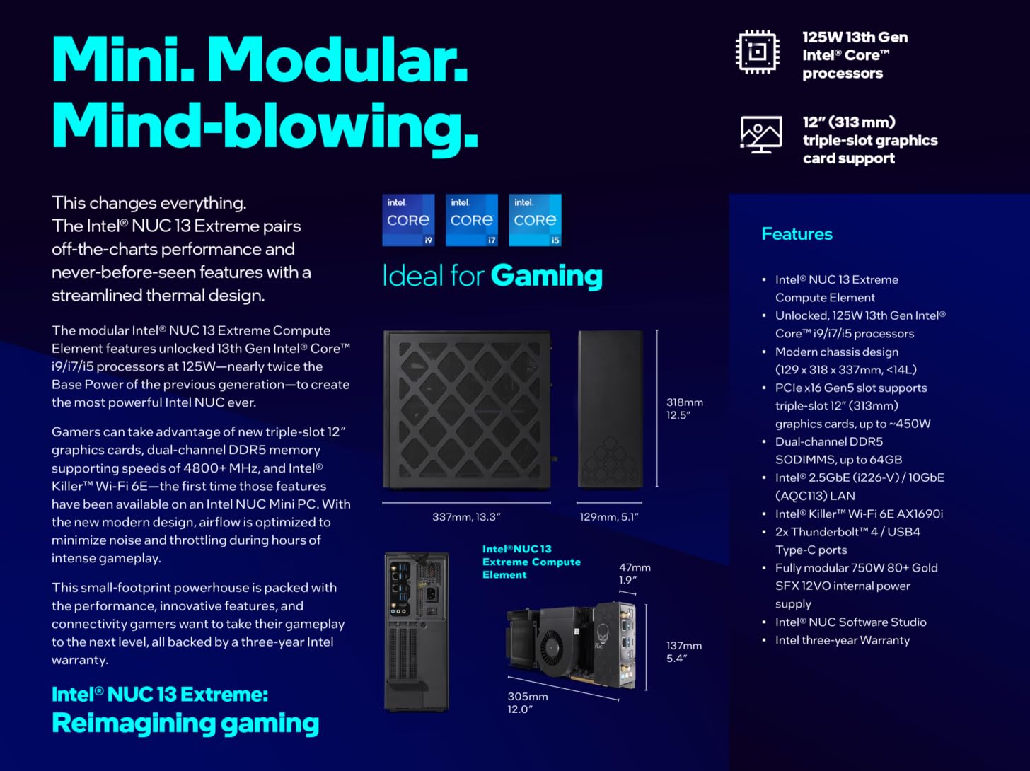 Intel NUC 13 Extreme Kit NUC13RNGi5 Mini PC da gaming con processore Intel Core i5-13600K, fino a 5,1 GHz, RAM DDR5 fino a 64 GB, Wi-Fi 6E per giocatori appassionati (Barebone)