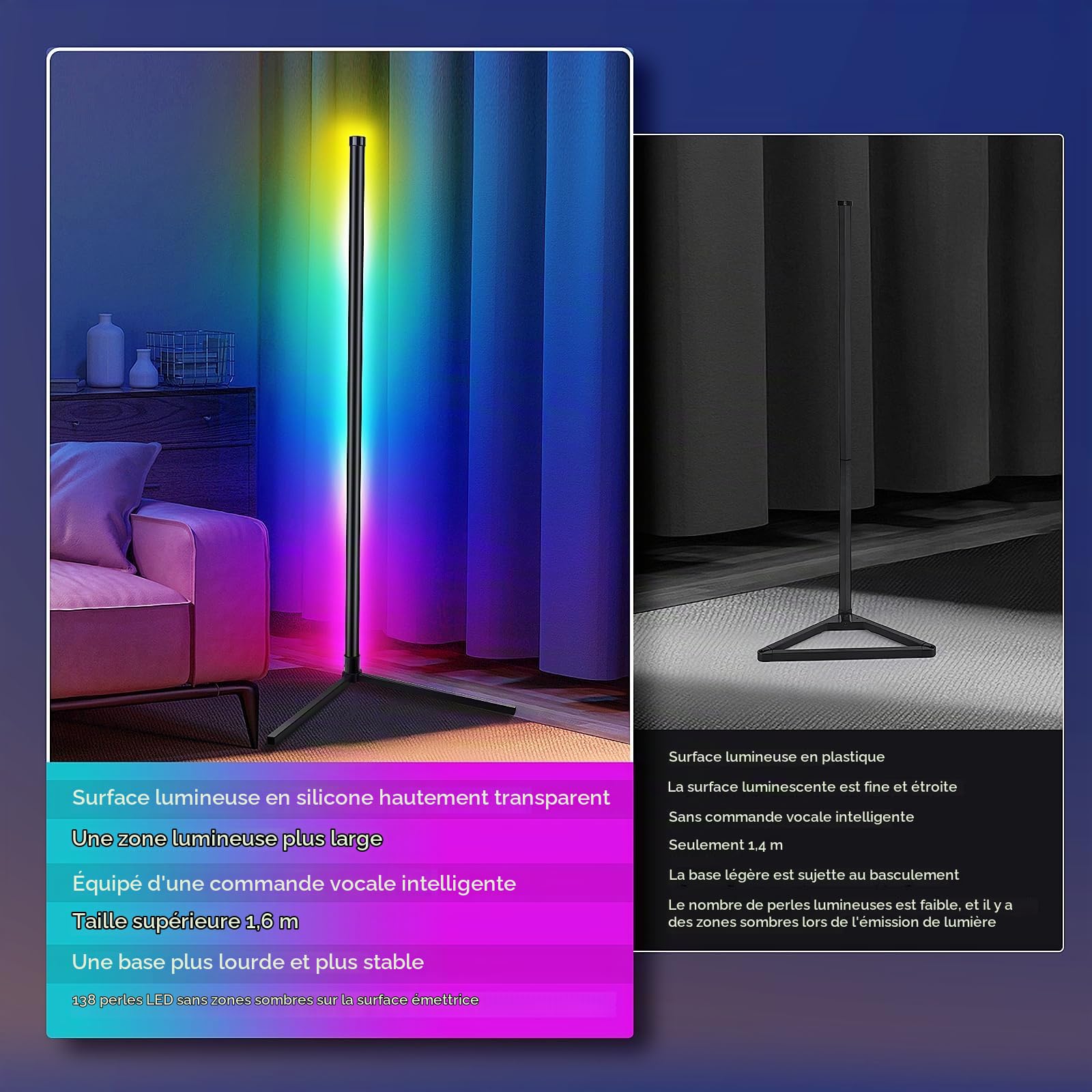 Euakee Lampadaire sur Pied Salon, WiFi RGBIC Lampadaire LED d'Angle avec Alexa/Google Home, Musique Sync, 16 Millions Couleurs, Lampe Moderne pour Salon, Chambre, Salle de Jeux (2 Pièces)
