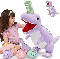 Vista 34 de MorisMos - Animal de peluche de dinosaurio con bebés, mamá dino T-rex de 23.6 pulgadas con 3 juguetes de peluche de bebé dino y 3 huevos de peluche