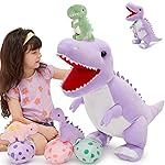 MorisMos Dinosaur Stuffed Animal with Babies,23.6\'\' Big Mommy Stuffed Dino T-rex with 3 Baby Dino Toys & Eggs Plush Inside Belly,Boy Girl Dinosaur Toys for Kids Birthday Gift,Purpel T-rex Party Decor
