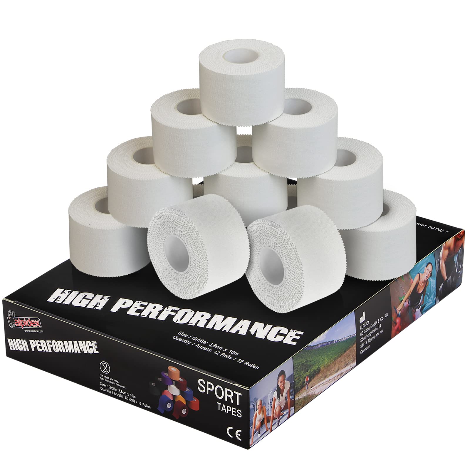 ALPIDEX 12 Rollen Sport Tape Set 3,8 cm x 10 m Gelenk Tapeverband Viele Farben Reißbares Unelastisches Sporttape Hautfreundlich Handball Fußball Volleyball, Farbe:weiß