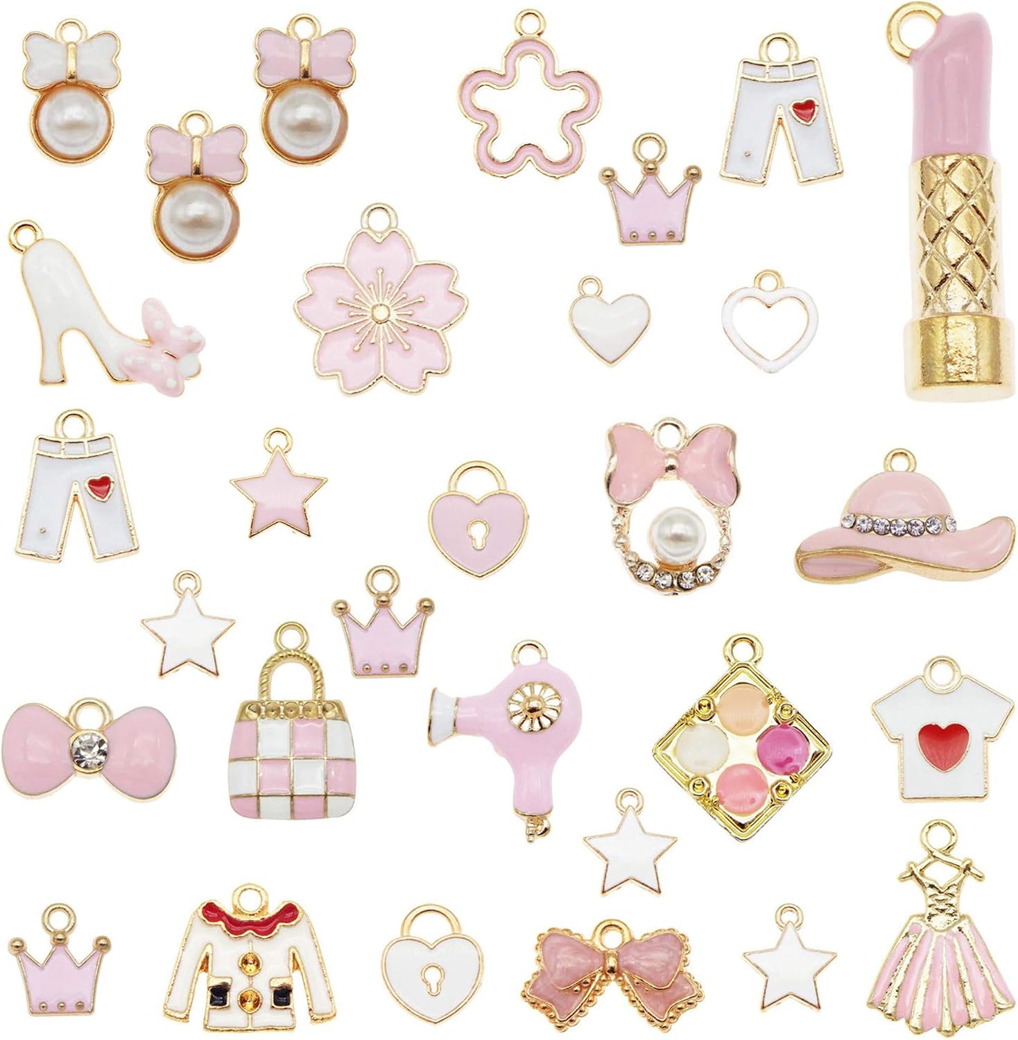 Julie Wang 100 Pieces Mixed Enamel Pink Theme Charms Fashion Lipstick Hat Purse High Heel Shoes Pendants for Women Necklace Bracelet Jewelry Making
