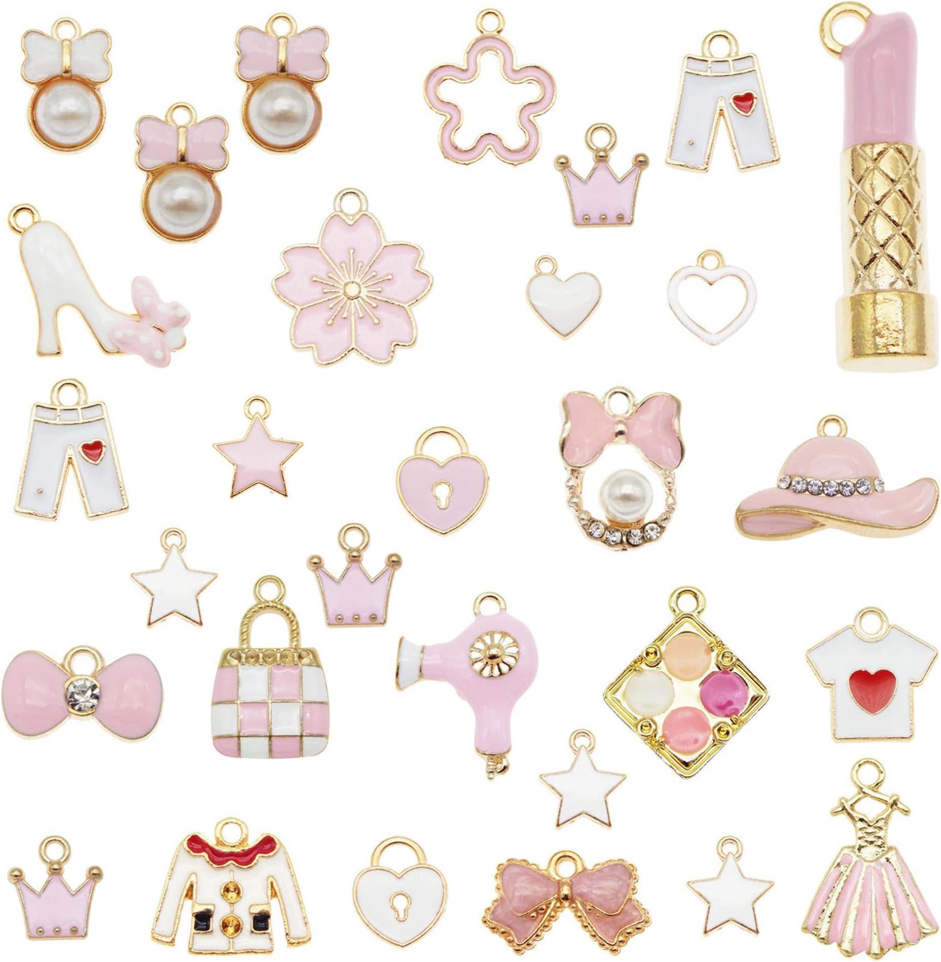 Julie Wang 100 Pieces Mixed Enamel Pink Theme Charms Fashion Lipstick Hat Purse High Heel Shoes Pendants for Women Necklace Bracelet Jewelry Making