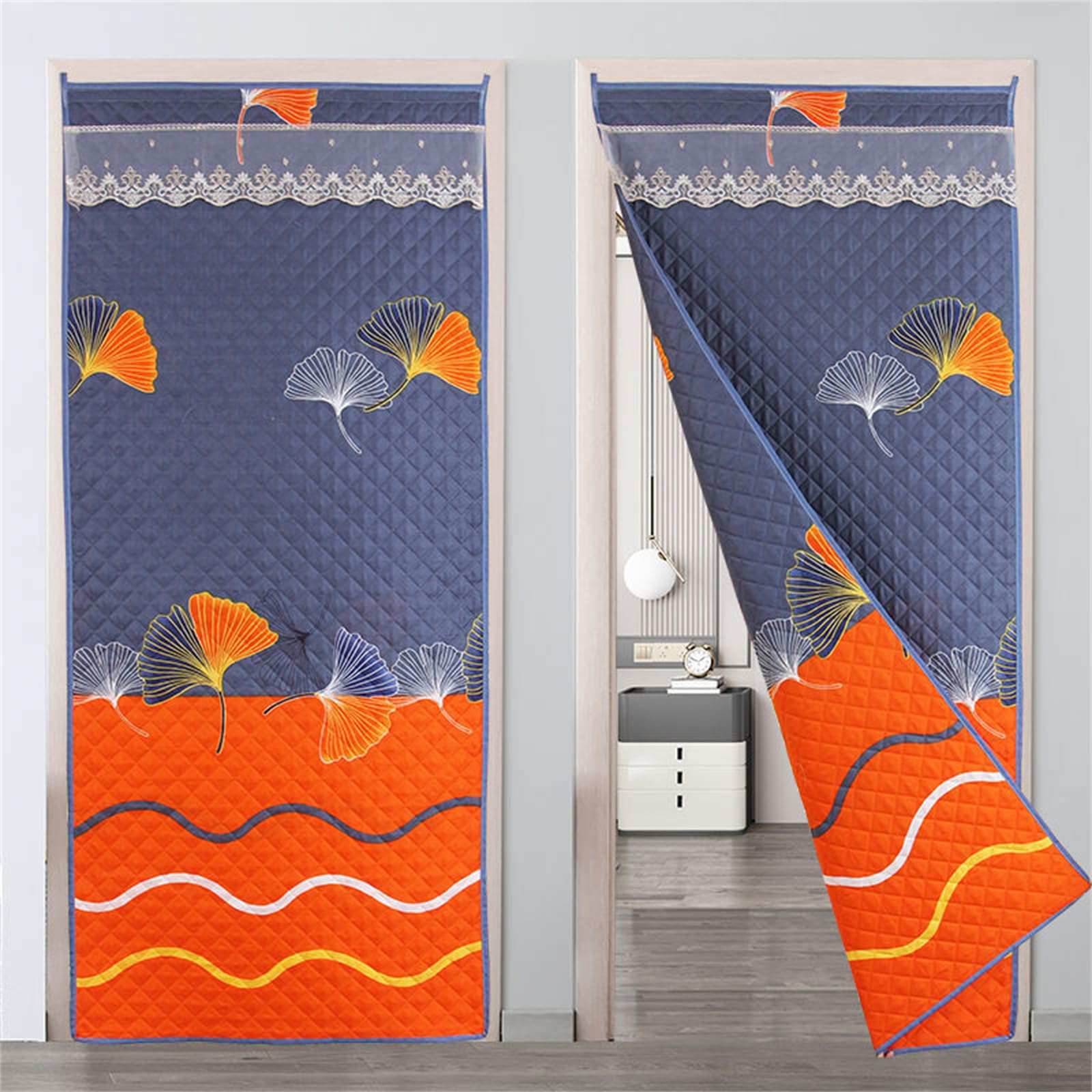 Surwin Cortina de Puerta Aislante Térmica, Invierno Cortina Termica Aislante Frio y Calor Cortina de Puerta con Aislamiento Acustico para Exterior Interior (90 * 220cm,Hoja de Naranja)