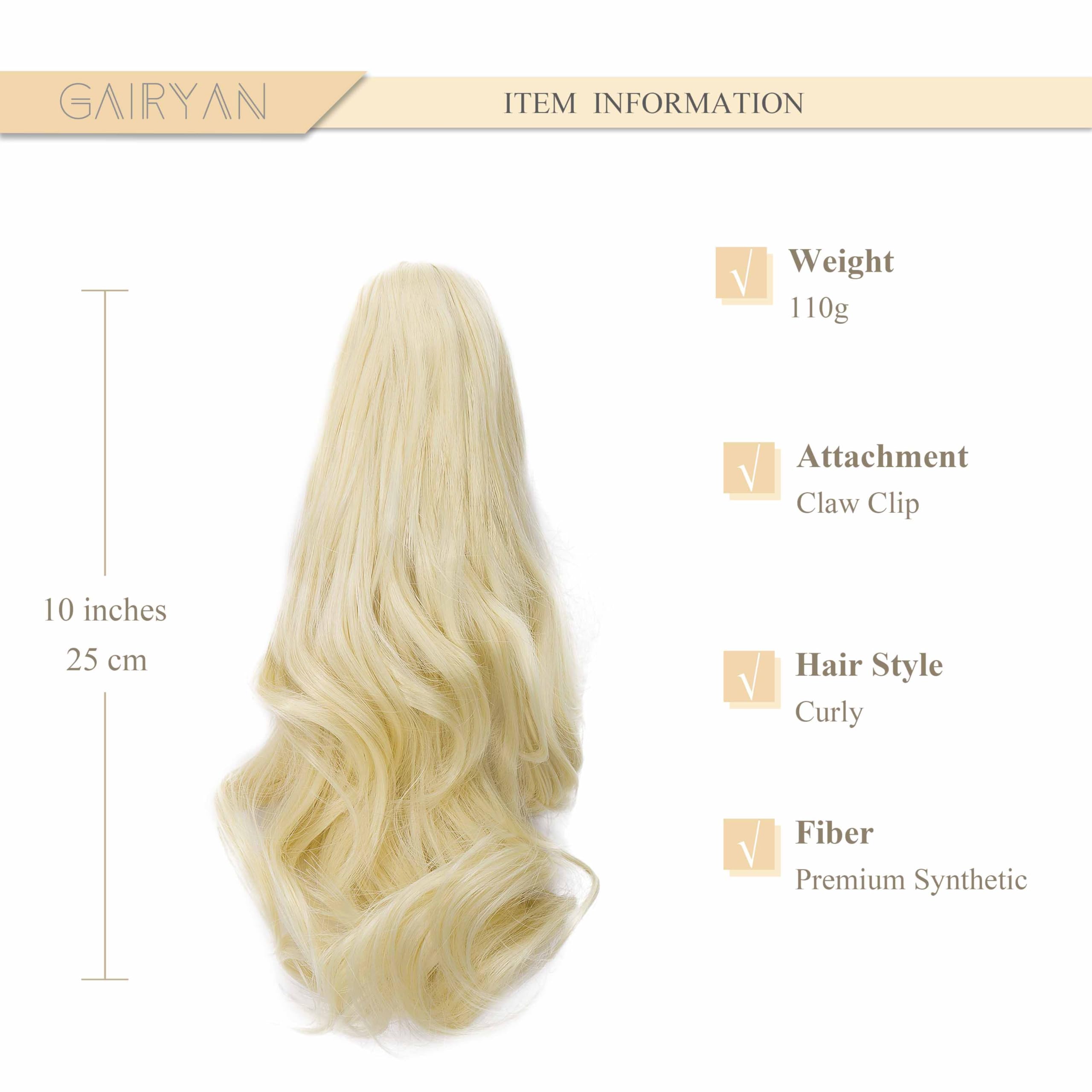 Gairyan 10" Clip in Ponytail Hair Extensions Curly Ponytail Extension Claw on Pony tails Wavy Synthetic Hairpieces for Women Real Natural Short Wave, Bleach Blonde - Image 2