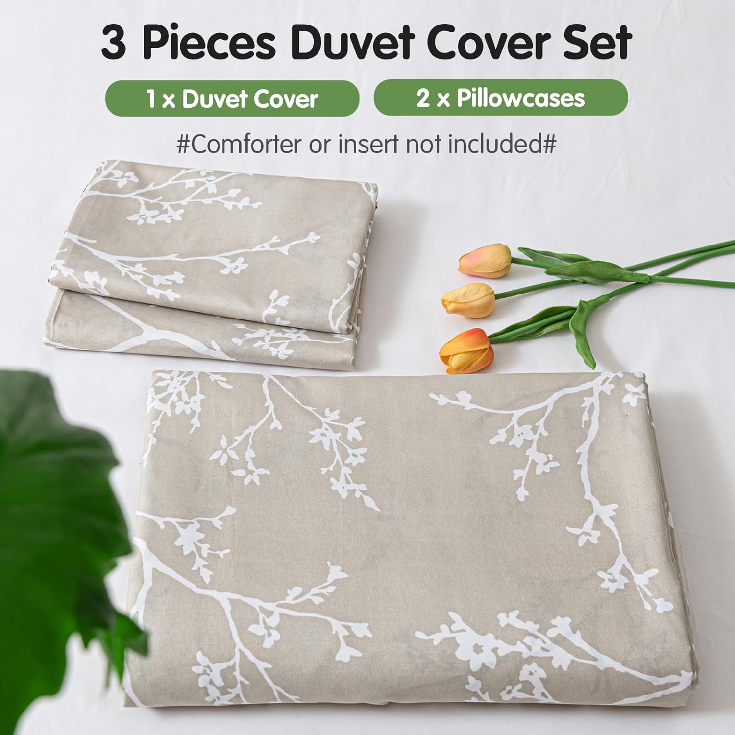Lekesky King Size Duvet Cover Set, Reversible Duvet Cover King with Branch Pattern, Lightweight Soft Microfiber Comforter Cover, 3 Pieces Khaki Bedding Set with Zipper and 2 Pillowcases
