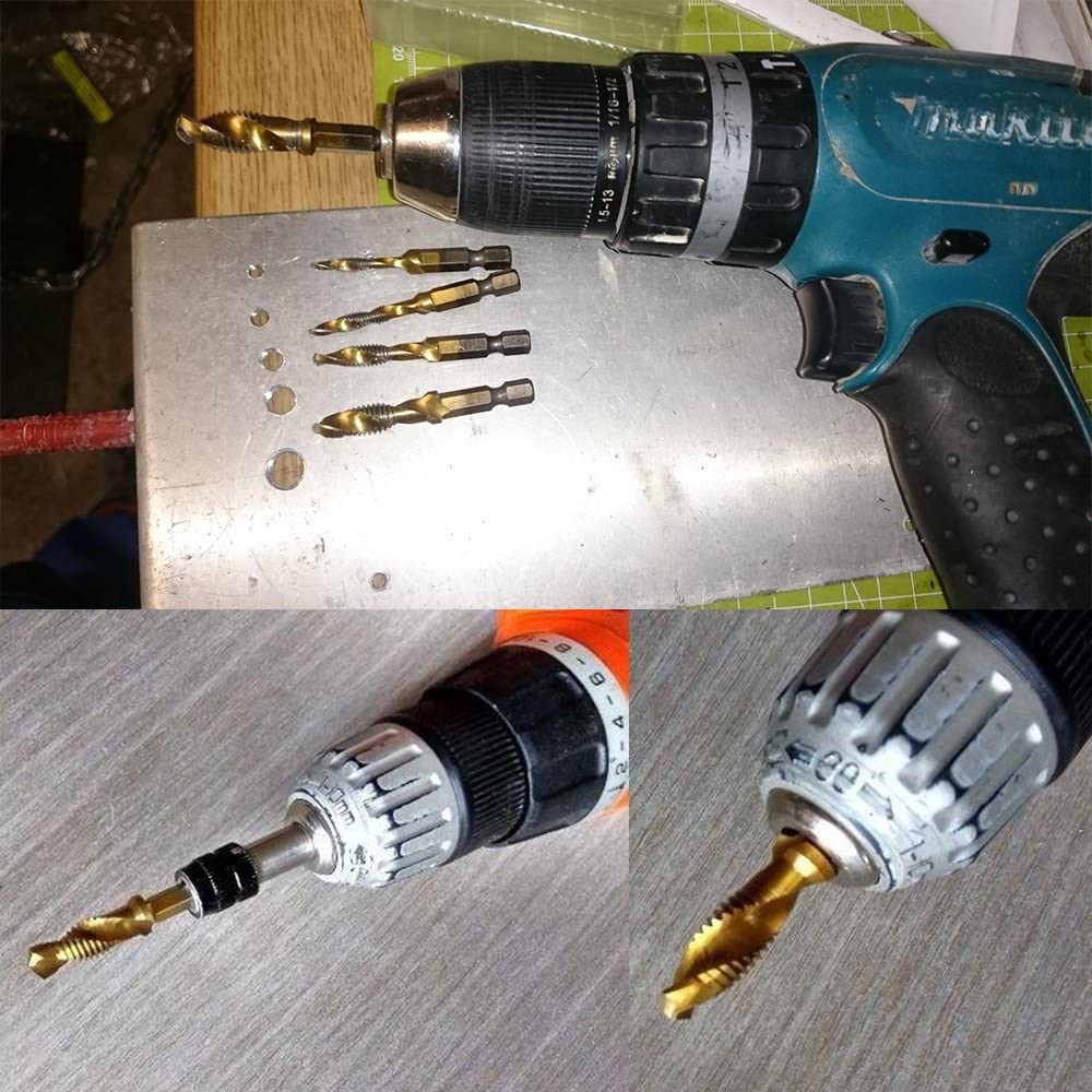 6 Pezzi Punte Trapano, Maschi Countersink Tap Drill Bit HSS Imposta Combinazione ​Attacco Filettare e Svasare l’imboccatura Innesto Esagonale Titanio Maschio per Filettare, M3/4/5/6/8/10