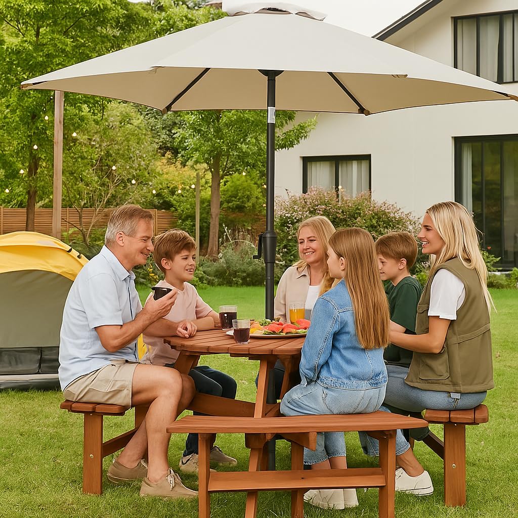 Wooden Picnic Table, 6 Person Kids Picnic Table with 3 Built-in Benches and Umbrella Hole, Round Outdoor for Garden Patio and Backyard, Durable Fir Wood Construction with Smooth Finish