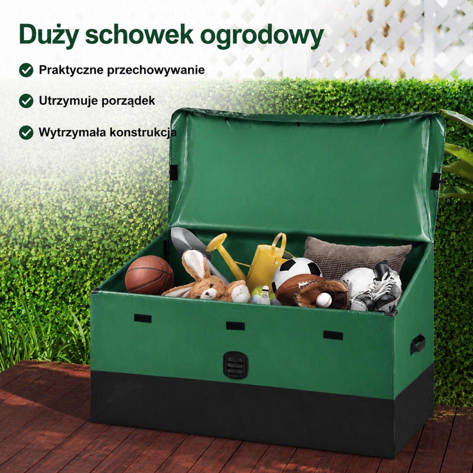 Skrzynia ogrodowa 440 l z plandeki PE na taras, poduszki i narzędzia