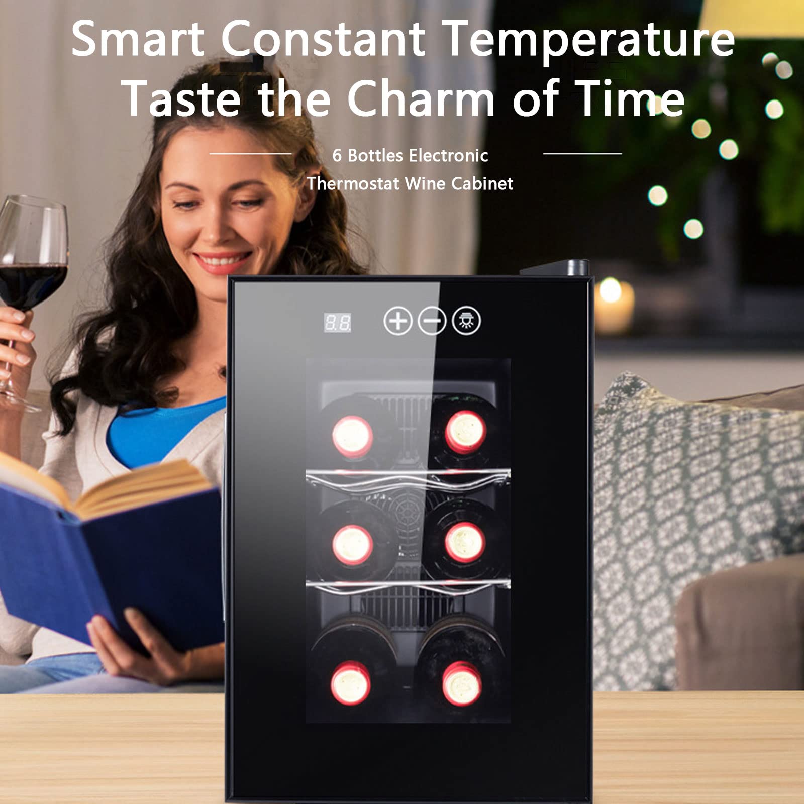 Vinoteca - Vinoteca Con Puerta De Cristal Y Panel De Control Táctil, Temperatura: 8-18 °C, Protección Uv, Bajo Nivel De Ruido: 26 Db, Iluminación Led, Capacidad: 16 Litros/6 Botellas, Color: Negro