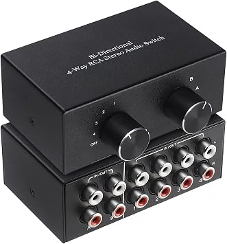 RCA L/R Audio Switcher, 42-in-24-Out Analogue Audio Switch, Noiseless Stereo Speaker Selector for Phono TV Headphones Soundbar PC Game, 4 Way Audio Splitter Box