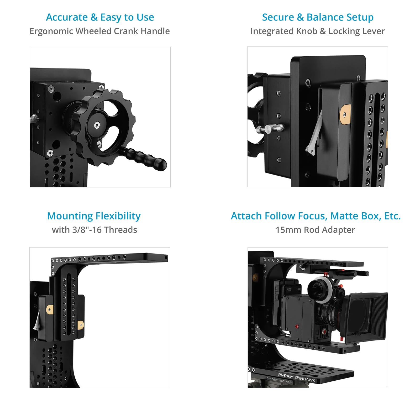 Cabezal PROAIM Spinhawk 360° para rigs de Cine Pesados, Carga 40 kg | Captura planos tipo barrel roll con manivela manual; rotación suave continua 360° para tomas cinematográficas