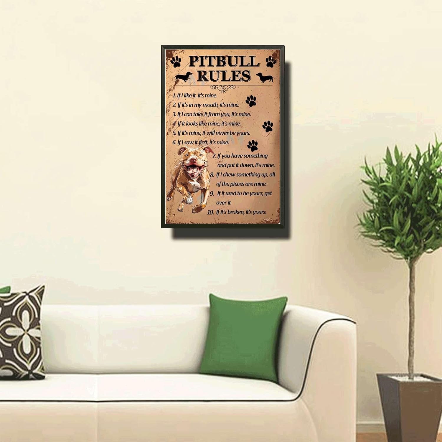 Metal Sign Tin Sign Vintage Wall Art Pitbull Rules Gardening Sign for Club 12×16 Inches with Metal Frame