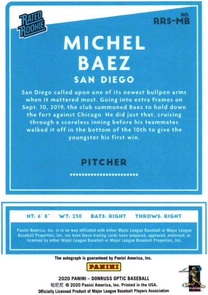 Michel Baez Autographed Oncard Rated Rookie Collectible Baseball Card - 2020 Donruss Optic Baseball Card #RRS-MB (Padres) Free Shipping